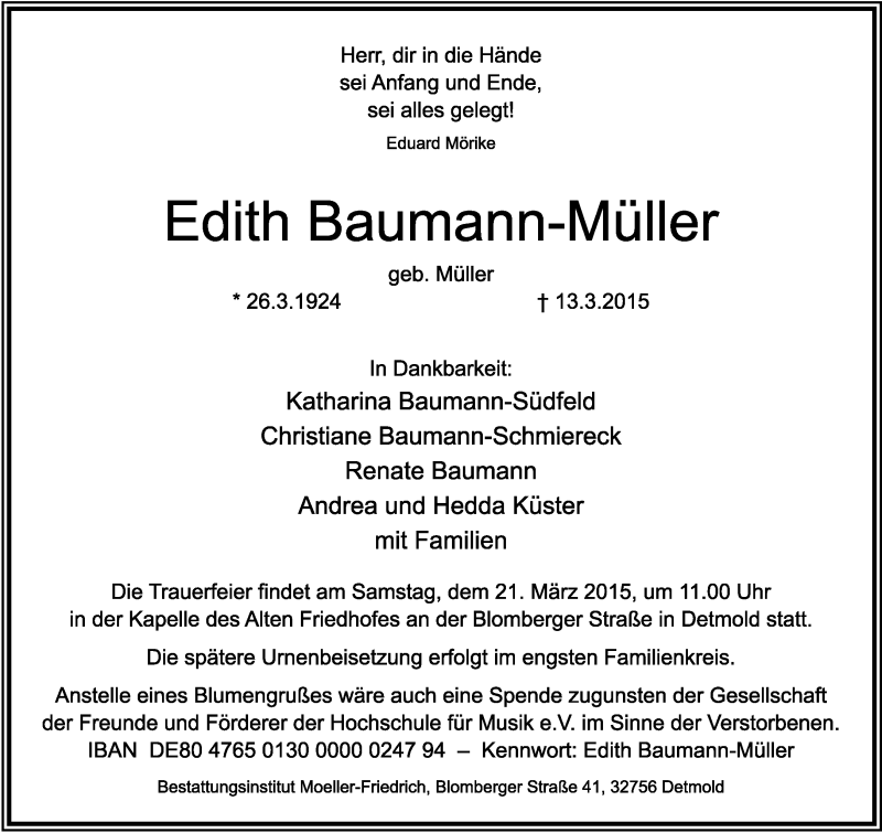  Traueranzeige für Edith Baumann-Müller vom 14.03.2015 aus Lippische Landes-Zeitung