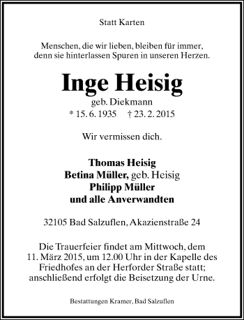 Anzeige  Inge Heisig  Lippische Landes-Zeitung