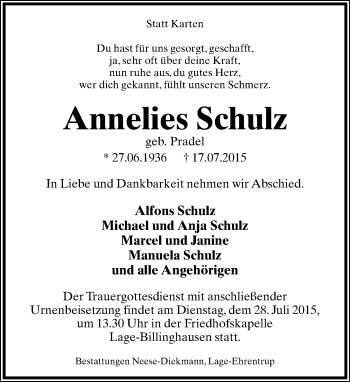 Anzeige  Annelies Schulz  Lippische Landes-Zeitung