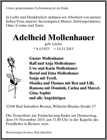 Anzeige  Adelheid Mollenhauer  Lippische Landes-Zeitung