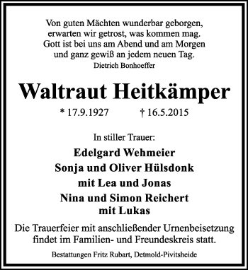 Anzeige  Waltraut Heitkämper  Lippische Landes-Zeitung