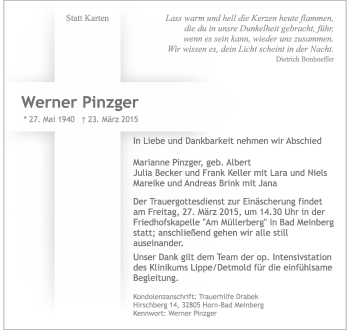 Anzeige  Werner Pinzger  Lippische Landes-Zeitung