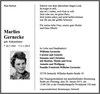 Anzeige  Marlies Gernecke  Lippische Landes-Zeitung