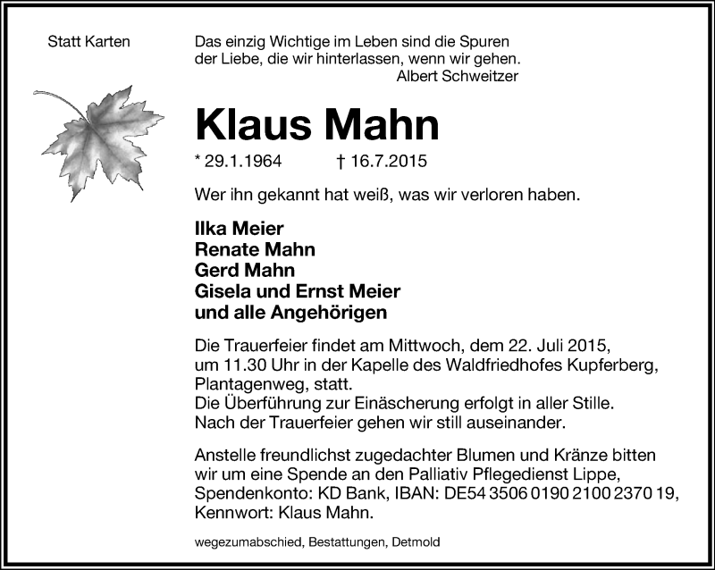  Traueranzeige für Klaus Mahn vom 18.07.2015 aus Lippische Landes-Zeitung