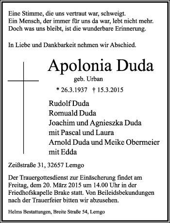 Anzeige  Apolonia Duda  Lippische Landes-Zeitung