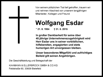 Anzeige  Wolfgang Esdar  Lippische Landes-Zeitung
