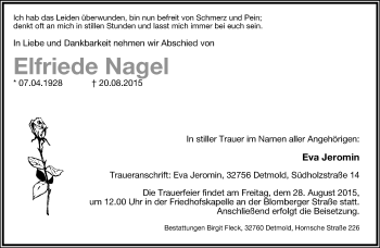 Anzeige  Elfriede Nagel  Lippische Landes-Zeitung