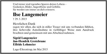 Anzeige  Ilse Langemeier  Lippische Landes-Zeitung
