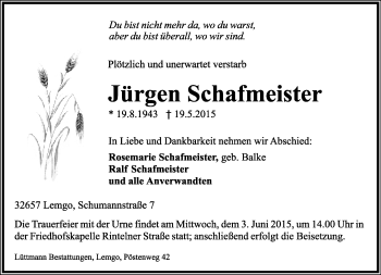 Anzeige  Jürgen Schafmeister  Lippische Landes-Zeitung