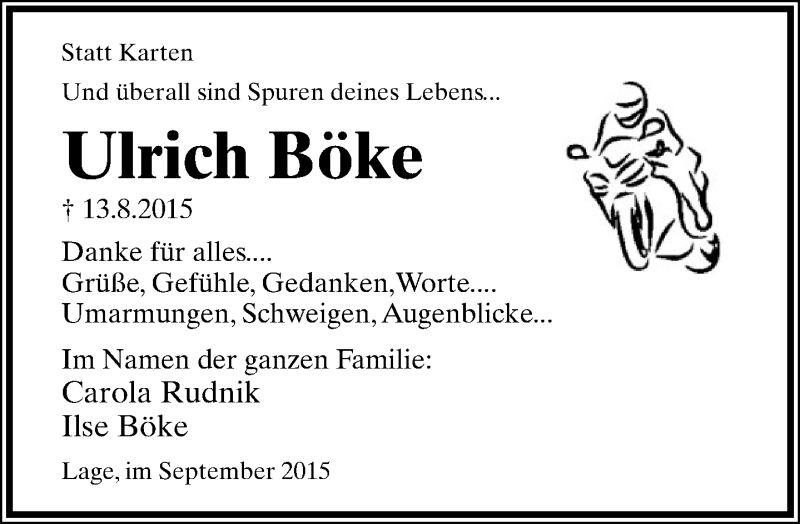  Traueranzeige für Ulrich Böke vom 12.09.2015 aus Lippische Landes-Zeitung