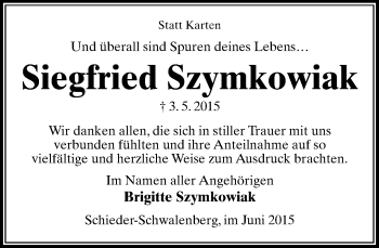 Anzeige  Siegfried Szymkowiak  Lippische Landes-Zeitung