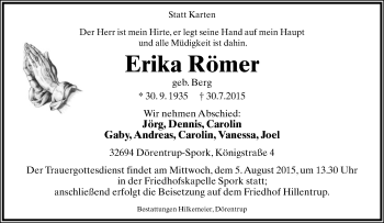 Anzeige  Erika Römer  Lippische Landes-Zeitung