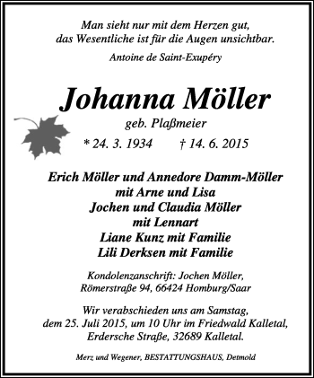 Anzeige  Johanna Möller  Lippische Landes-Zeitung