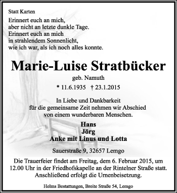 Anzeige  Marie-Luise Stratbücker  Lippische Landes-Zeitung