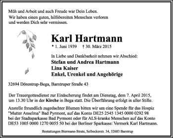 Anzeige  Karl Hartmann  Lippische Landes-Zeitung