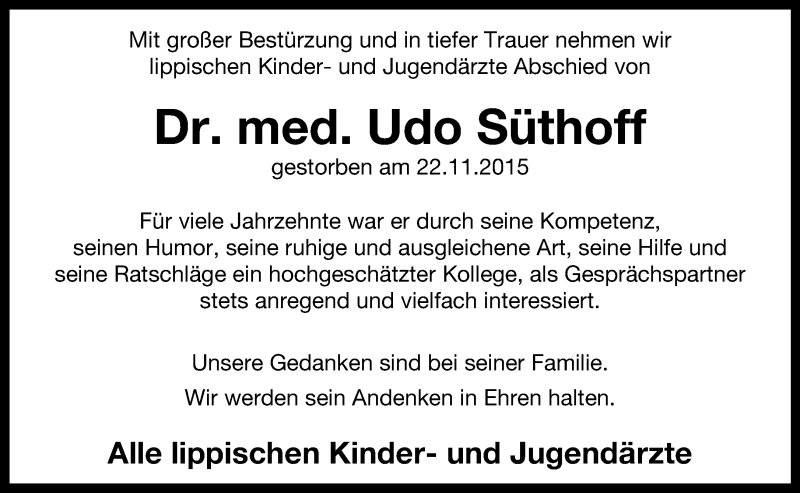  Traueranzeige für Udo Süthoff vom 26.11.2015 aus Lippische Landes-Zeitung