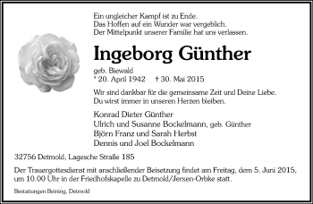 Anzeige  Ingeborg Günther  Lippische Landes-Zeitung