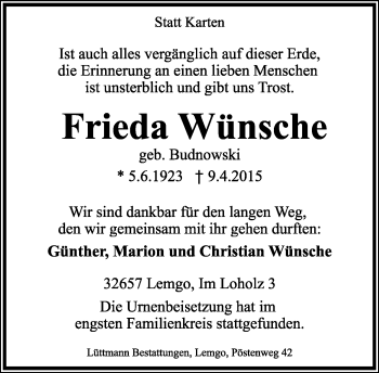Anzeige  Frieda Wünsche  Lippische Landes-Zeitung