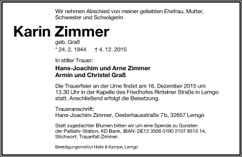 Anzeige  Karin Zimmer  Lippische Landes-Zeitung