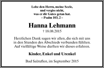 Anzeige  Hanna Lehmann  Lippische Landes-Zeitung