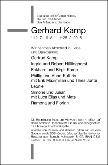 Anzeige  Gerhard Kamp  Lippische Landes-Zeitung