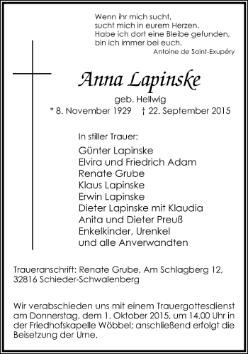 Anzeige  Anna Lapinske  Lippische Landes-Zeitung