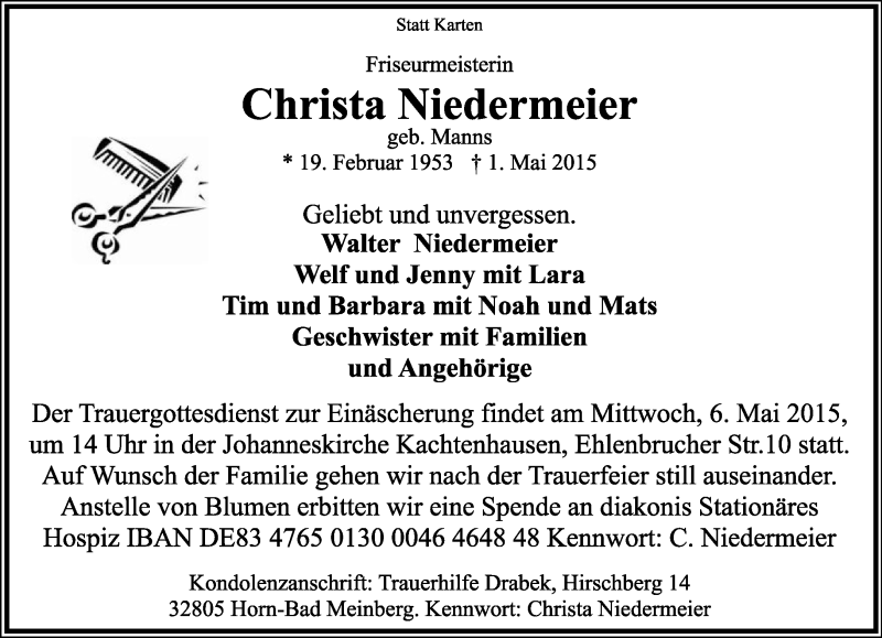  Traueranzeige für Christa Niedermeier vom 04.05.2015 aus Lippische Landes-Zeitung