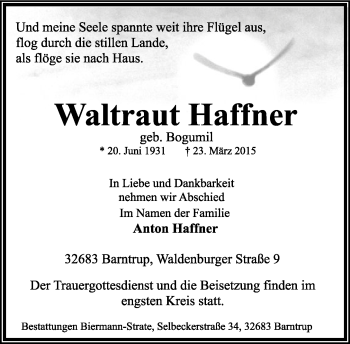 Anzeige  Waltraut Haffner  Lippische Landes-Zeitung