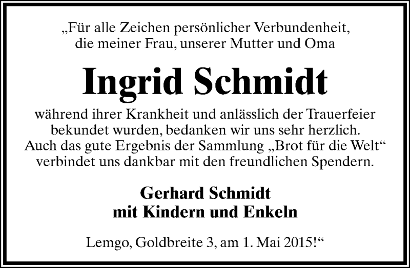  Traueranzeige für Ingrid Schmidt vom 01.05.2015 aus Lippische Landes-Zeitung