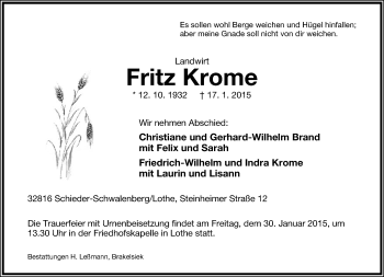 Anzeige  Fritz Krome  Lippische Landes-Zeitung