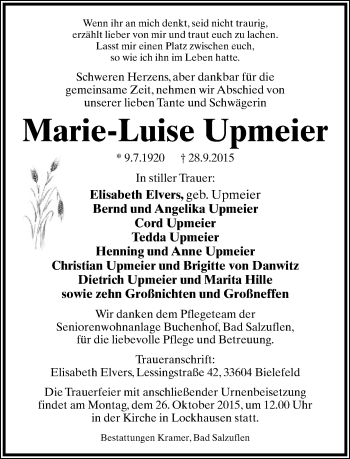 Anzeige  Marie-Luise Upmeier  Lippische Landes-Zeitung