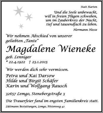 Anzeige  Magdalene Wieneke  Lippische Landes-Zeitung