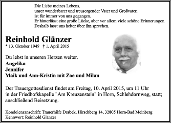 Anzeige  Reinhold Glänzer  Lippische Landes-Zeitung