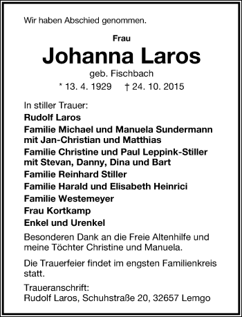 Anzeige  Johanna Laros  Lippische Landes-Zeitung