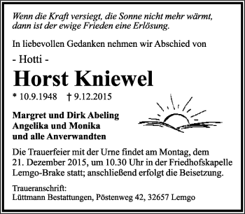 Anzeige  Horst Kniewel  Lippische Landes-Zeitung