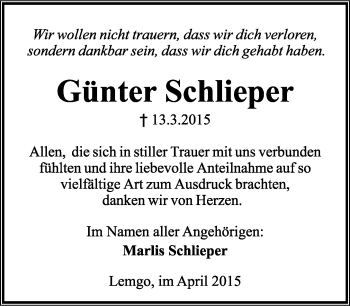 Anzeige  Günter Schlieper  Lippische Landes-Zeitung