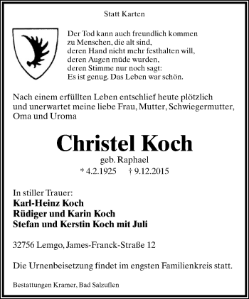 Anzeige  Christel Koch  Lippische Landes-Zeitung
