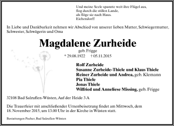Anzeige  Magdalene Zurheide  Lippische Landes-Zeitung