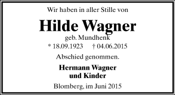 Anzeige  Hilde Wagner  Lippische Landes-Zeitung