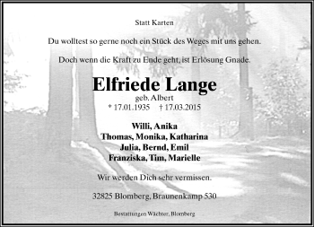 Anzeige  Elfriede Lange  Lippische Landes-Zeitung