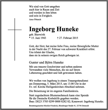 Anzeige  Ingeborg Huneke  Lippische Landes-Zeitung