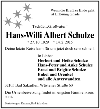 Anzeige  Hans-Willi Albert Schulze  Lippische Landes-Zeitung