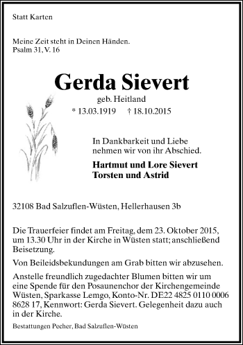 Anzeige  Gerda Sievert  Lippische Landes-Zeitung