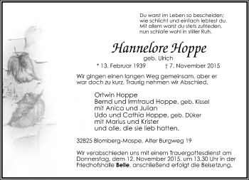 Anzeige  Hannelore Hoppe  Lippische Landes-Zeitung