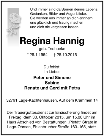Anzeige  Regina Hannig  Lippische Landes-Zeitung