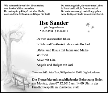 Anzeige  Ilse Sander  Lippische Landes-Zeitung