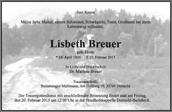Anzeige  Lisbeth Breuer  Lippische Landes-Zeitung