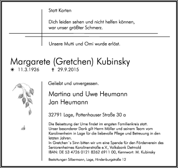 Anzeige  Margarete Kubinsky  Lippische Landes-Zeitung