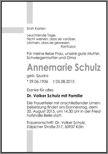 Anzeige  Annemarie Schulz  Lippische Landes-Zeitung