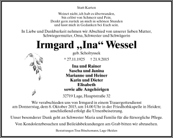 Anzeige  Irmgard Wessel  Lippische Landes-Zeitung